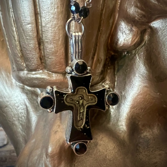 Virgins Saints and Angels Cross on Tiered Black Magdalena Rosary